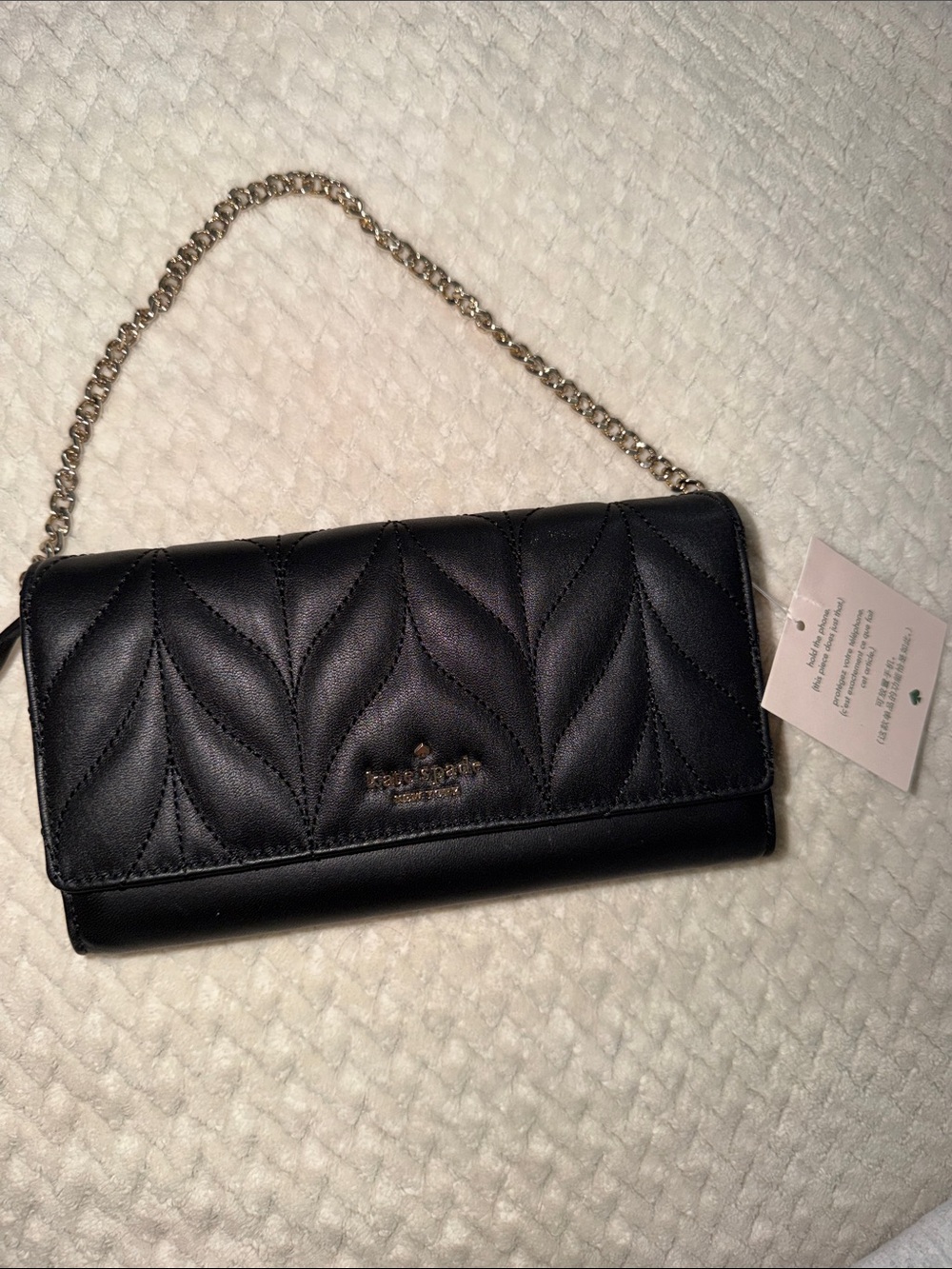 kate spade Black Quilted Leather Crossbody Wallet with Gold Chain